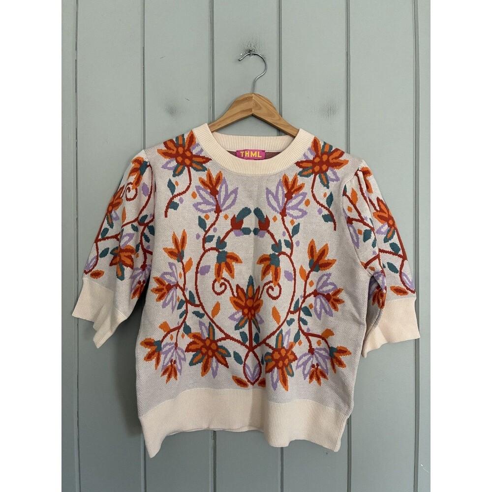 THML Floral Sweater M Medium Ivory Orange Short Puff Sleeves Knit Top